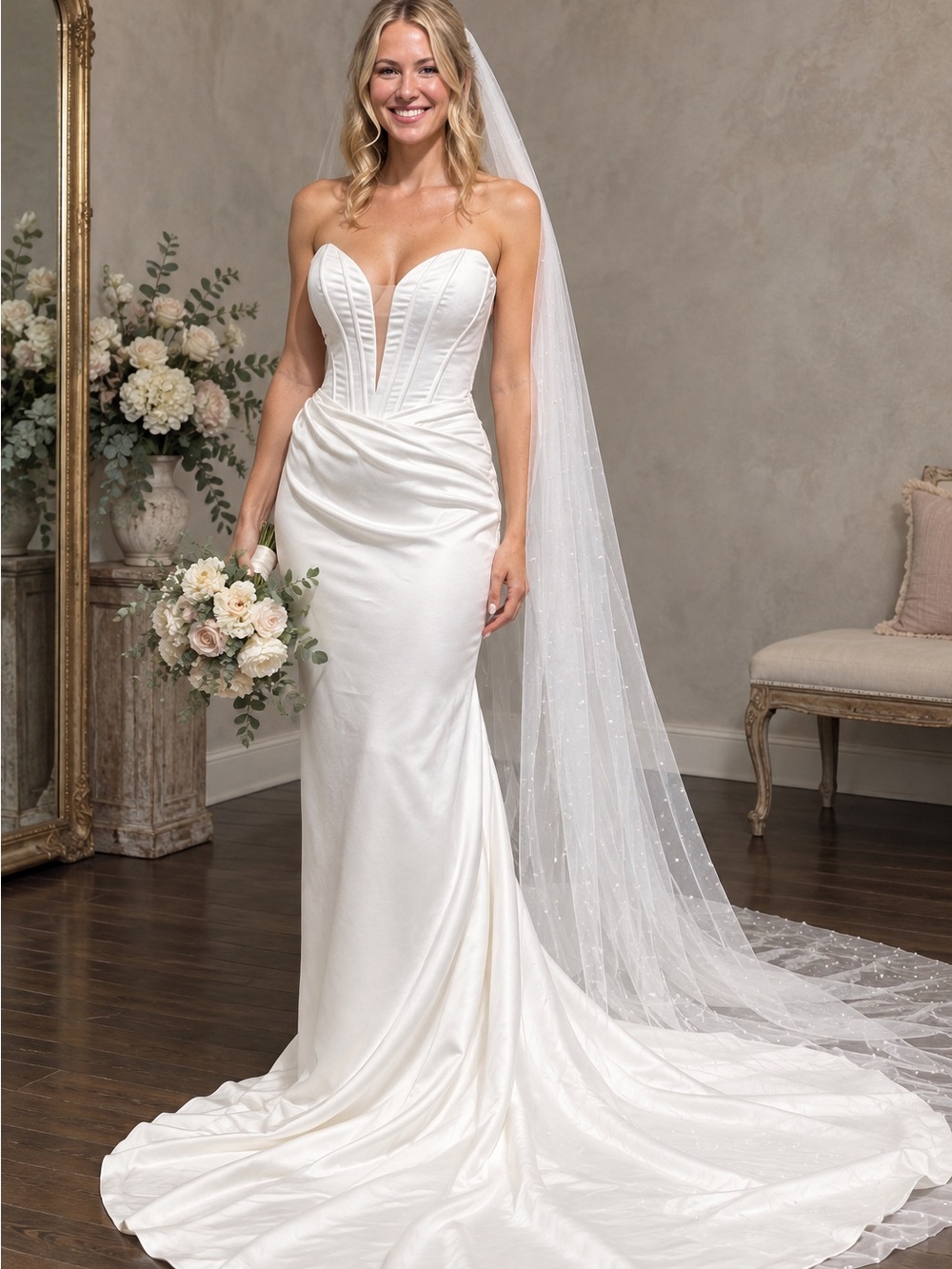 Maggie Sottero Ivory Strapless Sweetheart Wedding Gown with Veil